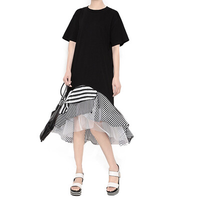 

Women Sexy Round Collar Short Sleeve Mesh Stitching Ruffled Chiffon Dress Slim Waist Short Skirt