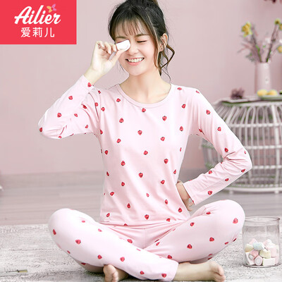 

Qiuyi Qiuku suit girls high school students girls cotton bottoming winter warm underwear round neck Slim Korean print middle school students junior high school girls cotton sweater pajamas AT007 165CM