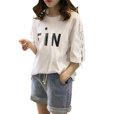 

Women Summer Lace Up T-Shirt O-Neck Print Casual Top Half Sleeves Basic Female T-shirt -5XL
