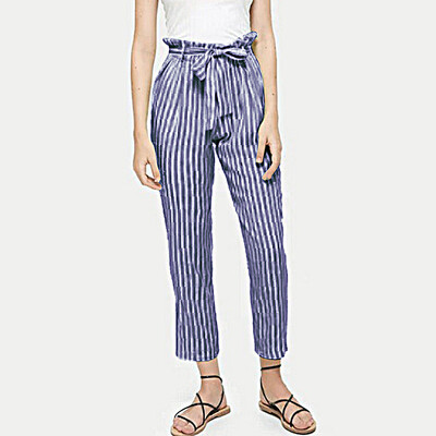 

Women High Waist Pants Women Bowtie Elastic Waist Stripe Casual Pants