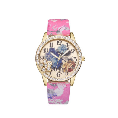 

Vintage Fresh Floral Pattern With Rhinestone Womens Watches Bayan Kol Saaty Fashion Simple And Cool Relojes Para Mujer