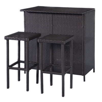 

3 pcs Patio Outdoor Rattan Wicker Bar Table&2 Stools