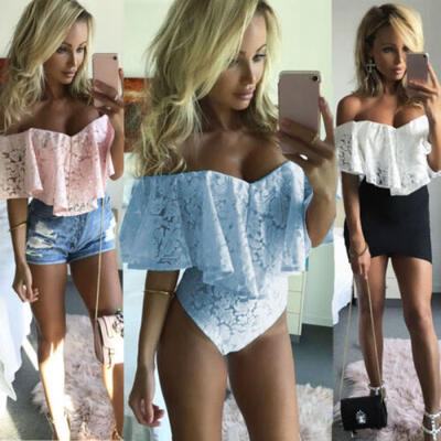 

Womens Off Shoulder Bodysuit Ruffles Lace V-neck Jumpsuit Romper Leotard Tops