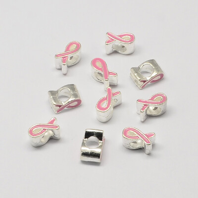 

Alloy Enamel Awareness Ribbon Large Hole European Beads Silver Pink 11x6x8mm Hole 5mm