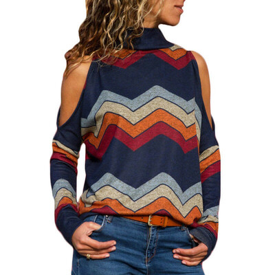 

Womens Cold Shoulder Striped Long Sleeve Tops Blouse Ladies Casual T Shirt Tee