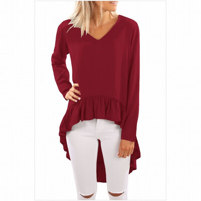 

V-neck long-sleeved solid color ruffled front short long long casual long top