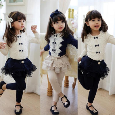 

Autumn Princess Baby Kids Girls Bow Tie Lace t-Shirts Long Sleeve Blouse Tops
