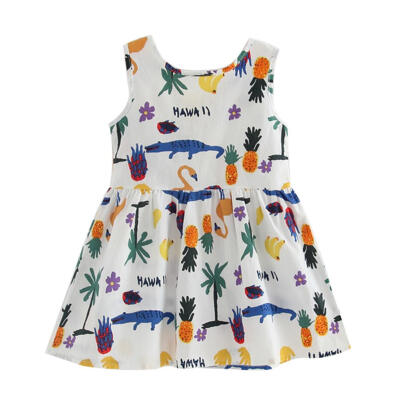 

Summer Cartoon Print Casual Sleeveless Kid Girls Cotton Bowknot Decor Dress