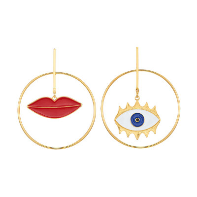 

Alloy Ear Studs Sets Dangle Earrings with Enamel Lip&Eye Golden 65x50mm