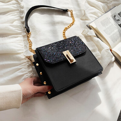 

Texture sequins bag chic chain lock girl bag 2019 new network celebrity girl small square bag single shoulder oblique satchel bag