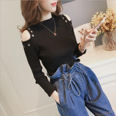 

Hot Sale Autumn Women knitting Tops Off Shoulder Slim Female Strong Elastic Pullovers Short Jumper Long Sleeve Winter Sweaters