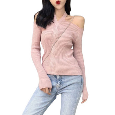 

Women Retro Solid Color Sexy Long Sleeved Off-shoulder Long Knitwear Sweater Slim Tops
