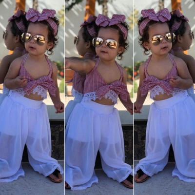 

Sweet Baby Girls Clothes Summer Strap Bowkont Lace Crop Tops Sleeveless Shirt Pants 2PCS Outfits Set