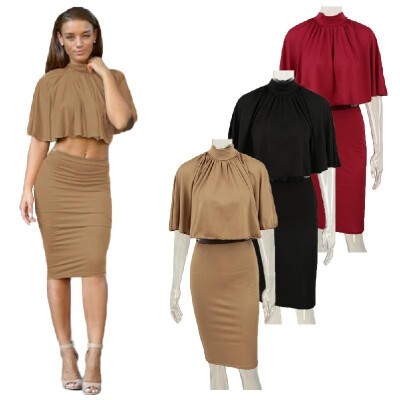 

Sexy Women Two-piece Dress Cape Open Back Bandage Crop Tops Bodycon Midi Pencil Skirt Party Clubwear BurgundyBlackKhaki