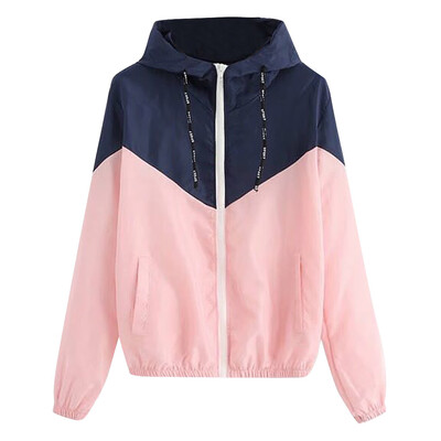 

Toponeto Womens Long Sleeve Patchwork Thin Skin Suits Hooded Zip Stitching Outwear Coat