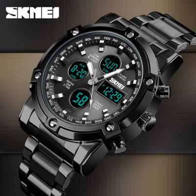 

Fashion Watch Trend Multi-functional Three Time Large Dial Business Mens Electronic Steel Band Watches BlackBlack