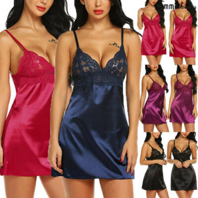 

Womens Night Short Dress Nightgown Satin Silk Lace Lingerie Pajamas Sleepwear