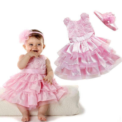 

Rose Garden Pink Rosette Silk Dress Easter Flower Baby Girl Wedding Newheadband