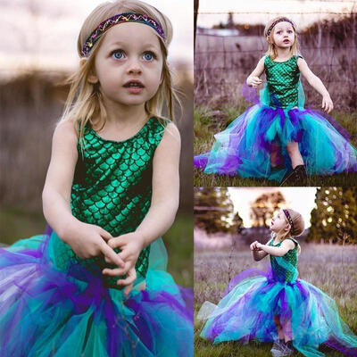 

2pcs Kids Baby Girl Dress Mermaid BodysuitHademade Skirts Outfits Set Costume