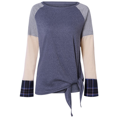 

Round Collar Plaid Spliced Long Sleeve Color Blocking Tied Women T-shirt