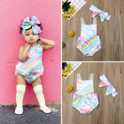 

US Newborns Baby Girl Kid Lace Rainbow Romper Bodysuit Sunsuit Clothes Set 0-24M