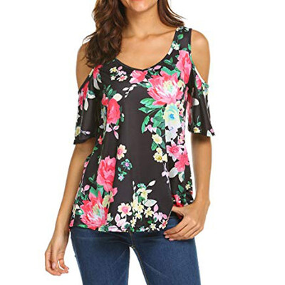 

Starmoon Womens Floral Printed Cut Out Shoulder Short Sleeve T Shirt Tops Blouse
