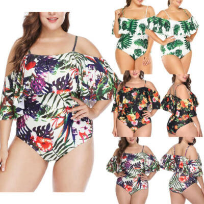 

Oversize Womens Off Shoulder Swimwear One Piece Floral Summer Beach Swimsuit