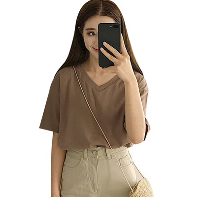 

Womens O-NeckV-Neck Solid Short Sleeve Loose T-Shirt