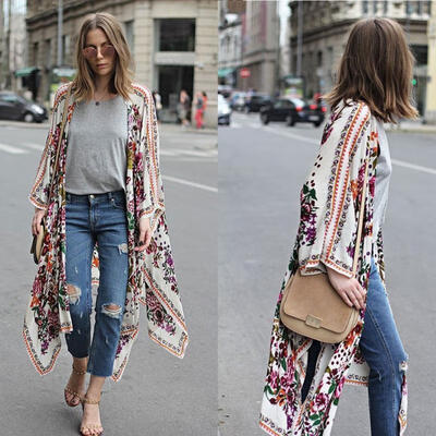 

Women Floral Print Chiffon Loose Shawl Kimono Cardigan Top Cover up Shirt Blouse