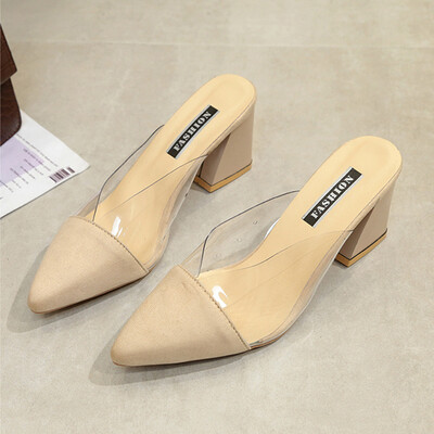 

Pointed half slippers women summer 2019 new fashion thick with Baotou sandals Joker net red muller slippers women wear