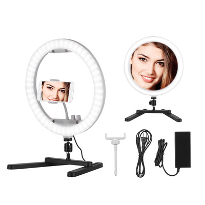 

13 Inch Selfie Desktop LED Ring Light 30W Stepless Dimmable Fill Light 3200K-5600K with Mirror Table Bracket Phone Holder Lighting