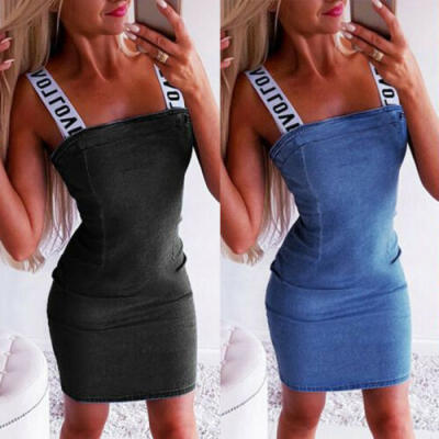 

UK Womens Sleeveless Denim Mini Dress Ladies Zipper Sling Summer Shirt Dress