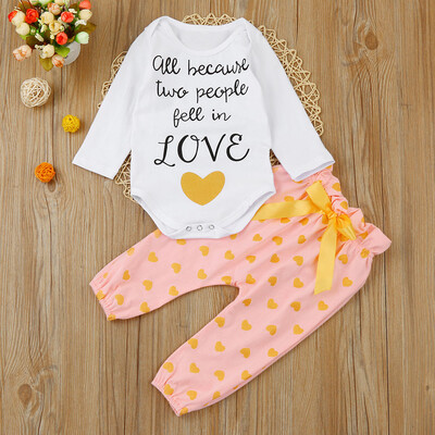 

Toddler Infant Baby Girls Heart Print Romper Pants Headband Outfits Clothes Set