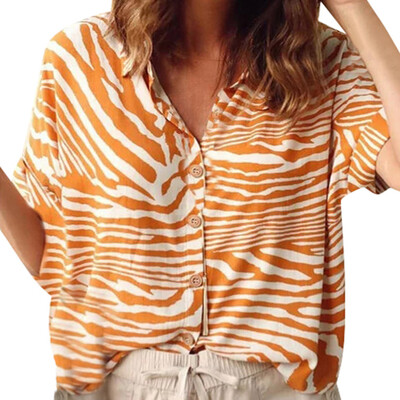 

Starmoon Women Summer Fashion Short Sleeve Print Buttoned Shirt Loose Daily Blouse Tops