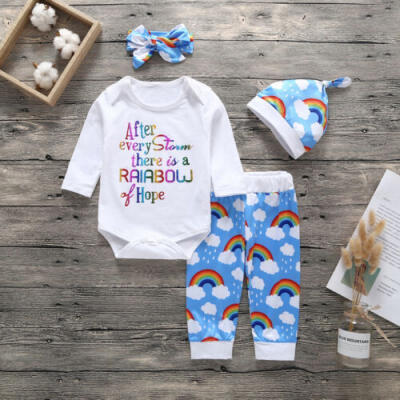 

4Pcs Newborn Infant Baby Boy Girl Rainbow RomperPantsHat Outfit Cotton Clothes