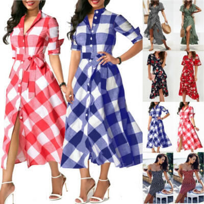 

Women Summer Plaids Check Maxi Dress Evening Cocktail Party Beach Dress Sundress