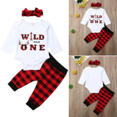 

3pcs Newborn Baby Boy Girl Christmas Check Romper TopPantsHeadband Outfits AU