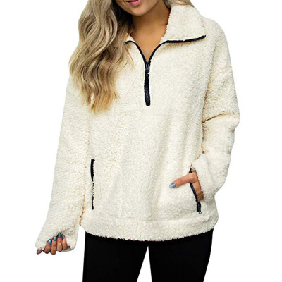 

Toponeto Women Sweatshirt Coat Winter Warm Wool Zipper Pockets Cotton Coat Outwear