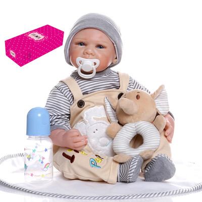

Decdeal Reborn Baby Doll 21 inch Lifelike Soft Touch Body Cuddly Baby Dolls Gifts Birthday Set with Grey Stripe T-shirt&Elepha