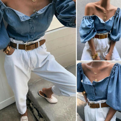 

Women Ladies Off Shoulder Denim Long Sleeve Shirt Loose Blouse Tops T-Shirt New