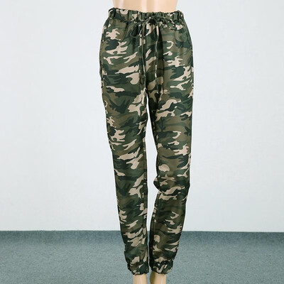 

Fashion Women Long Pants Camouflage Print Elastic Waist Casual Camo Trousers Green
