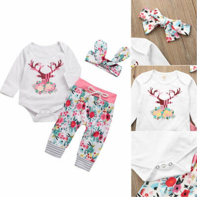 

US Christmas Newborn Baby Girl Kid Deer Romper Tops Pants Headband Clothes 0-24M