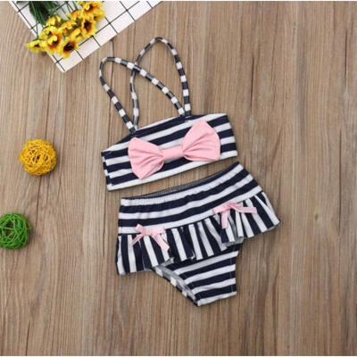 

US Toddler Kid Baby Girl Striped Swimwear Tankini Bow Top Pants Beachwear Outfit