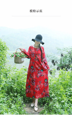 

2018 new folk style prints cotton linen long sleeved dress womens loose leisure long round collar