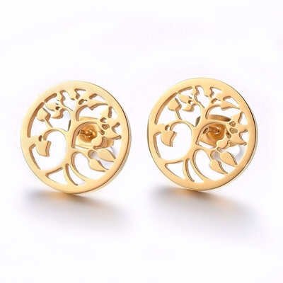 

304 Stainless Steel Stud Earrings Flat Round with Tree of Life Golden 15x12mm Pin 08mm