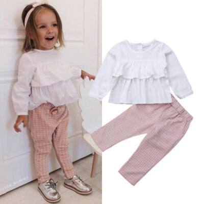 

2PCS Toddler Kids Baby Girl Autumn Clothes Ruffle TopsPlaid Pants Outfits Set