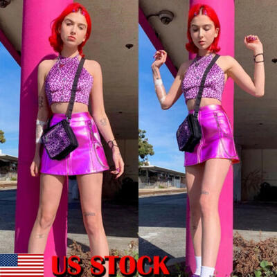 

US New Women Sexy PVC Mini Short Skirt High Waisted Zip Up Bodycon Clubwear