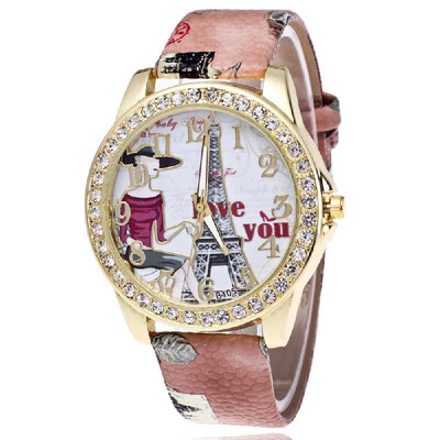 

Explosion-studded diamond Paris Eiffel Tower watch fashion digital belt ladies watch printed watches Pink