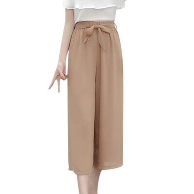 

Fashion Women Chiffon Solid Lacing High Waist Casual Pant Wide Leg Beach Trouser