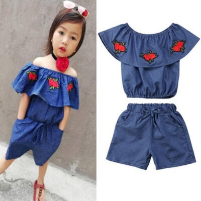 

Cute 2Pcs Girl Toddler Embroidered Rose TopsDenim Pants Kids Outfits Set 1-6Y